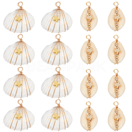 20Pcs 2 Styles Natural Cowrie Shell/Spiral Shell Copper Wire Wrapped Pendants FIND-SC0014-25-1
