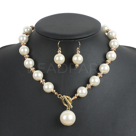 ABS Plastic Imitation Pearl Round Beaded Pendant Necklaces & Dangle Earrings Sets for Women WGD1C77-02-1