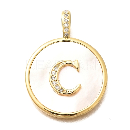Rack Plating Brass Micro Pave Clear Cubic Zirconia Pendants with Shell KK-M309-42G-C-1