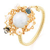 Natural Pearl & Gemstone Braided Beaded Flat Round Open Cuff Ring RJEW-T026-10G-1