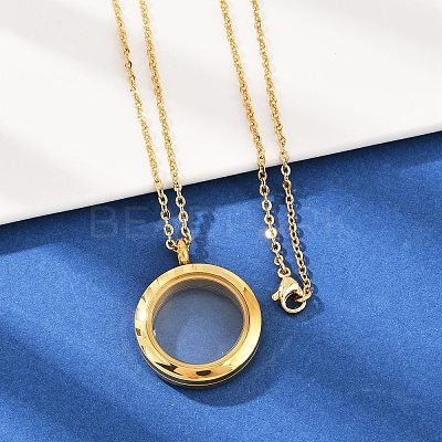 304 Stainless Steel Visible Flat Round Locket Pendant Pet Urn Ashes Necklaces LS-NJEW-S455-08G-1