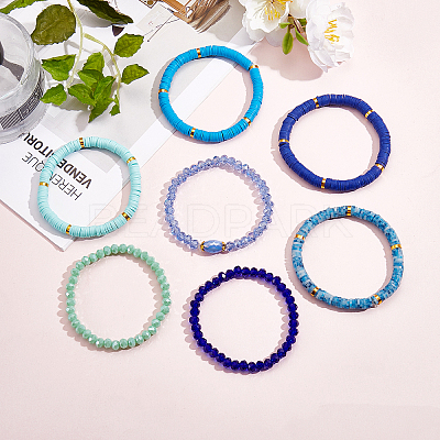 7Pcs 7 Style Handmade Polymer Clay Heishi Surfer Stretch Bracelets Set BJEW-SW00073-06-1
