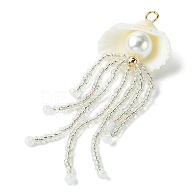 Natural Clam Shell & Glass Pearl & Glass Seed Beaded Big Pendants PALLOY-MZ00298-01-1