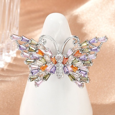 Butterfly Brass Micro Pave Colorful Cubic Zirconia Finger Rings for Women RJEW-G343-30P-01-1