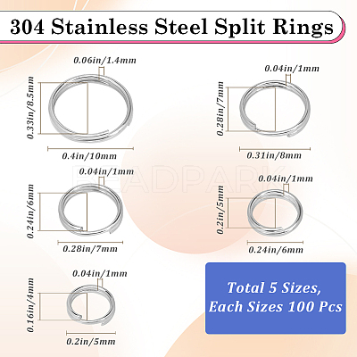 500Pcs 5 Styles 304 Stainless Steel Split Rings STAS-SP0001-65-1