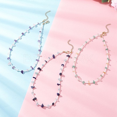 3Pcs 3 Styles Natural Lapis Lazuli & Aquamarine & Amethyst & Rose Quartz & Green Aventurine & Citrine Chip & Glass Seed Baeded Necklaces for Women NJEW-JN05603-1