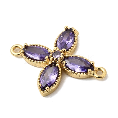 Brass Pave Cubic Zirconia 4-Petal Flower Connector Charms X-KK-A296-46A-G-1