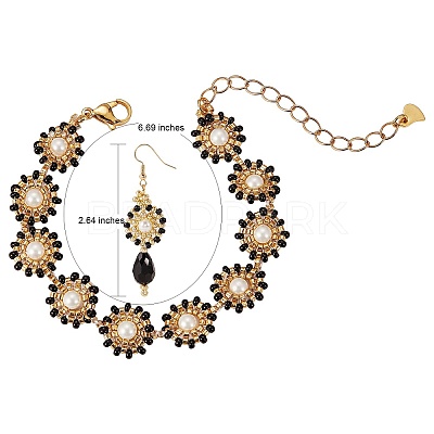 Shell Pearl & Glass Seed Braided Flat Round Dangle Earring and Beaded Bracelets Sets SJEW-SW00007-1