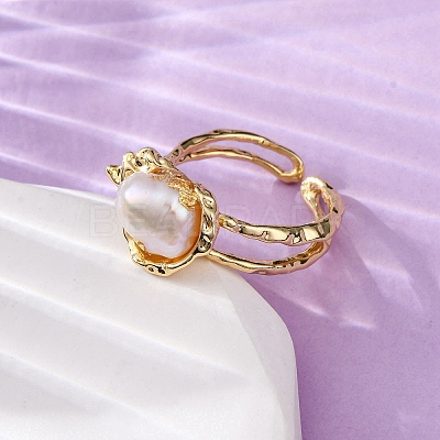 Brass with Natural Pearl Adjustable Cuff Rings RJEW-Q023-02G-1