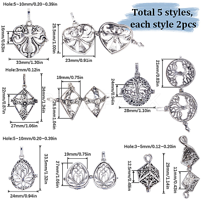 10Pcs 5 Styles Filigree Brass Cage Pendants KK-SC0003-77D-1
