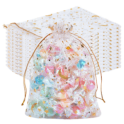 50Pcs Gold Stamping Moon & Star Organza Drawstring Gift Storage Bags OP-BBC0001-03C-01-1