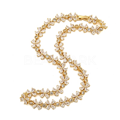 Rack Plating Brass Pave Clear Cubic Zirconia Flower Link Chain Necklaces NJEW-Q345-03G-01-1