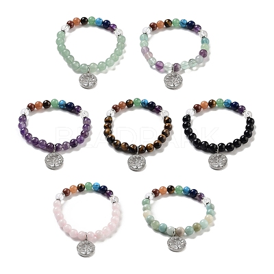 Natural Mixed Gemstone Round Beaded Chakra Stretch Bracelets BJEW-K251-01-1