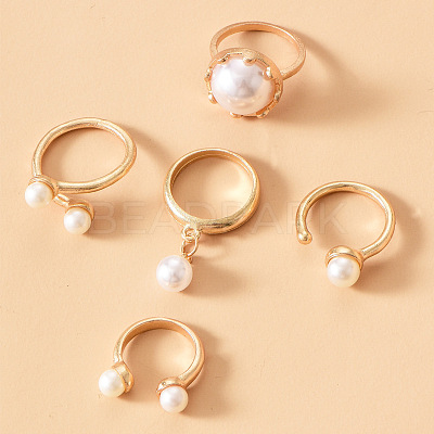 Zinc Alloy & Plastic Imitation Pearl Round Beads Finger Rings Sets WG9DC8A-01-1