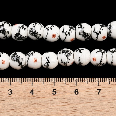 Handmade Flower Printed Porcelain Ceramic Beads Strands PORC-M006-8mm-02-1