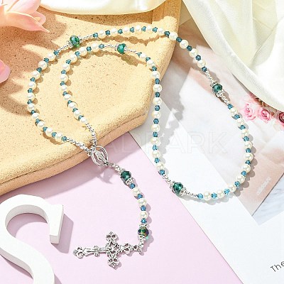 Glass Pearl Rosary Bead Necklace NJEW-TA00082-02-1