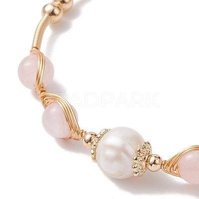 Natural Rose Quartz Round Beaded Cuff Bangle BJEW-JB10113-02-1