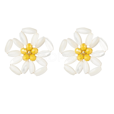 Natural Shell Braided Flower Stud Earrings EJEW-TA00093-1