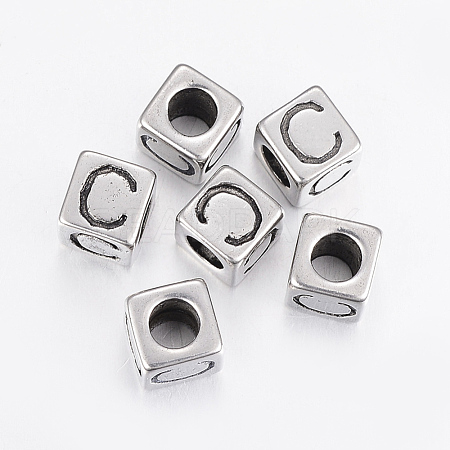 304 Stainless Steel Large Hole Letter European Beads X-STAS-H428-01AS-C-1