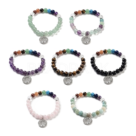 Natural Mixed Gemstone Round Beaded Chakra Stretch Bracelets BJEW-K251-01-1
