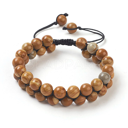 Adjustable Natural Petrified Wood Braided Bead Bracelets BJEW-E351-01H-1