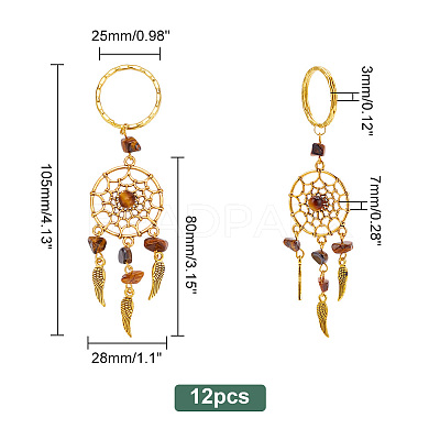 12Pcs Woven Net/Web with Feather Natural & Synthetic Gemstone Pendant Keychain KEYC-PH0001-80-1