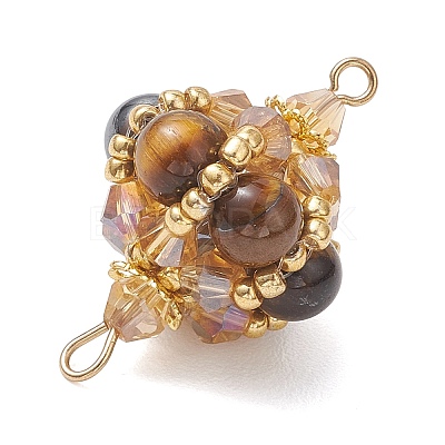 Natural Tiger Eye Round and Glass Seed Beaded Lantern Links Connector Charms PALLOY-MZ01176-02-1