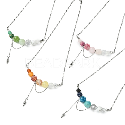 4Pcs 4 Styles Natural Mixed Stone Round Graduated Beaded Pendant 304 Stainless Steel Cable Chain Necklaces for Women NJEW-TA00242-1
