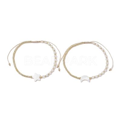 2Pcs 2 Styles Moon & Star Freshwater Shell & Natural Rainbow Moonstone Braided Bead Bracelet Sets BJEW-JB10531-1