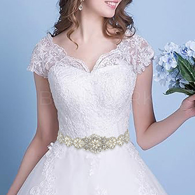 Brass Flower Bridal Belt with Glass Rhinestones for Wedding Dress AJEW-WH0455-006P-1