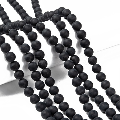 Grade A Round Frosted Natural Black Agate Beads Strands X-G447-4-1