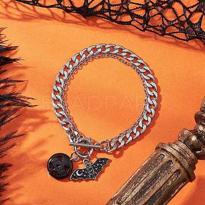 Halloween Alloy Enamel Bat and Dyed Synthetic Turquoise Pumpkin Charm 304 Stainless Steel Bracelet Sets BJEW-JB12446-03-1