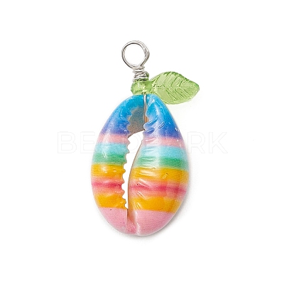 Summer Printed Natural Cowrie Shell Pendants PALLOY-JF04155-1