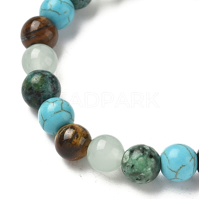Round Natural Tiger Eye & Green Spot Jasper & Synthetic Turquoise & Glass Beads Stretch Bracelets for Girl Women FS-WGE0C43-02-1