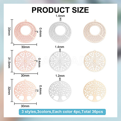 36Pcs 9 Style Rack Plating Brass Filigree Pendants KKC-BC0001-02-1