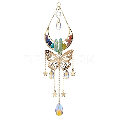 Butterfly & Moon Brass & 304 Stainless Steel Hanging Suncatchers HJEW-TA00162-1