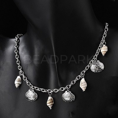 Summer Beach 304 Stainless Steel & Shell Pendant Necklaces NJEW-Z061-09P-1