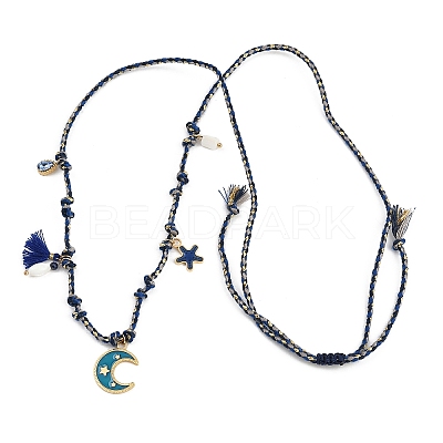 304 Stainless Steel Blue Enamel Moon Pendant Cotton Cord Adjustable Necklaces NJEW-C093-04G-1