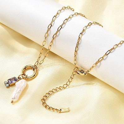 Natural Keshi Pearl Stick & Rectangle Purple Glass Pendant 304 Stainless Steel Paperclip hain Necklaces for Women NJEW-K255-54G-1