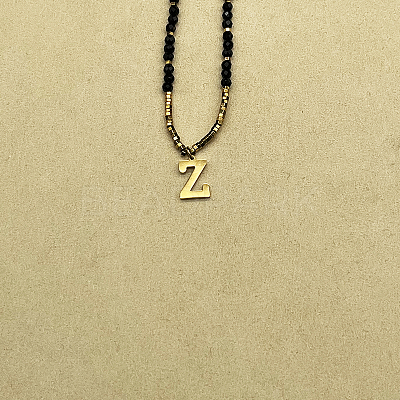 Stainless Steel Initial Pendant Faceted Round Natural Black Spinel Beaded Necklaces for Women ZD9259-26-1