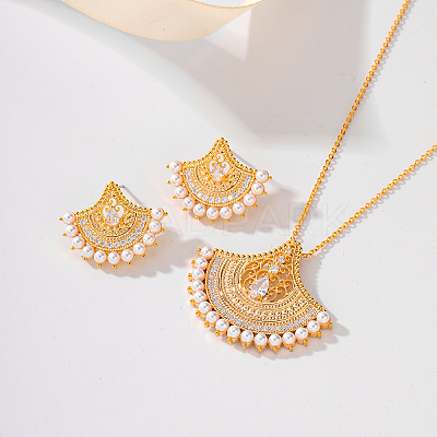 Brass Micro Pave Clear Cubic Zirconia Fan Pendant Necklaces & Stud Earrings Sets for Women SJ9834-1