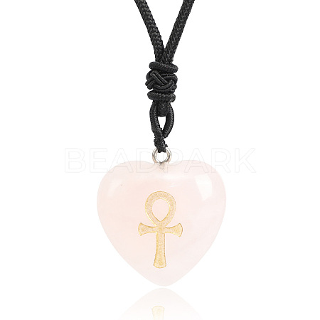 Natural Rose Quartz Heart Engraved AnKh Cross Pendant Personalized DIY Necklaces SC1205-6-1