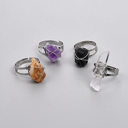 Adjustable Wire Wrapped Natural Gemstone Finger Rings RJEW-I066-A-1