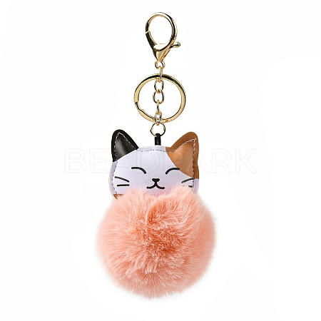 Imitation Rex Rabbit Fur Ball & PU Leather Cat Pendant Keychain KEYC-K018-05KCG-02-1