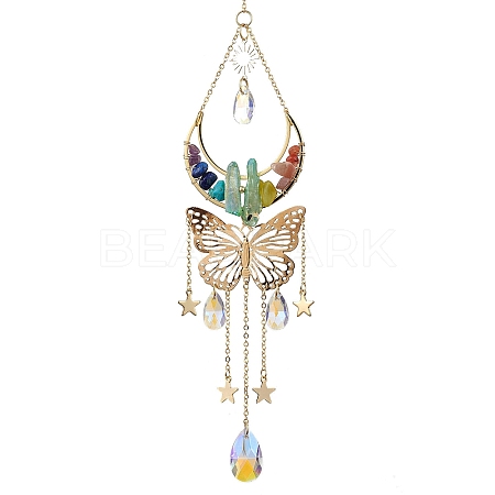 Butterfly & Moon Brass & 304 Stainless Steel Hanging Suncatchers HJEW-TA00162-1