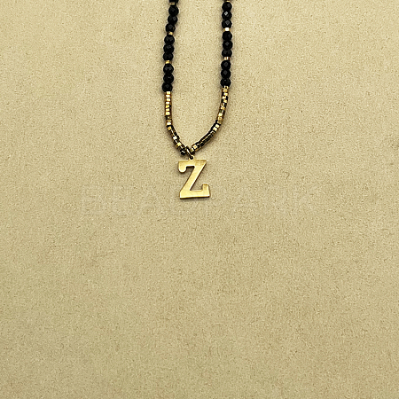 Stainless Steel Initial Pendant Faceted Round Natural Black Spinel Beaded Necklaces for Women ZD9259-26-1