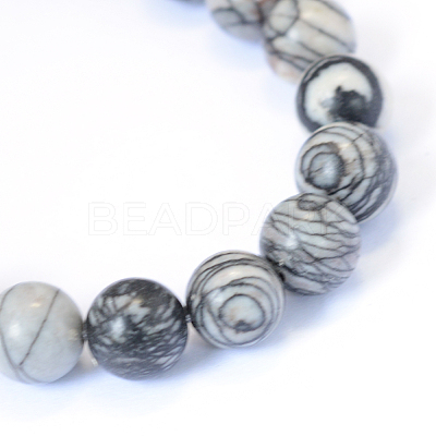 Natural Black Silk Stone/Netstone Round Bead Strands X-G-E334-8mm-05-1