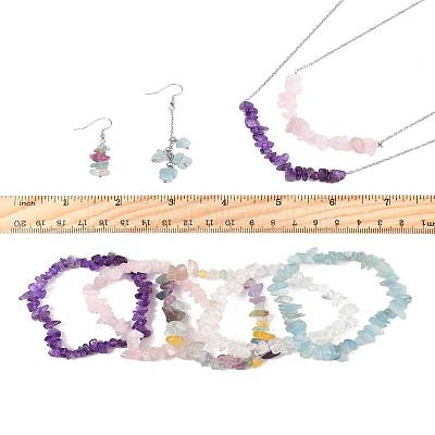Natural Aquamarine & Amethyst & Quartz Crystal & Rose Quartz & Fluorite Chips Beads Bracelets & Earrings & Necklaces Sets SJEW-FS00008-1