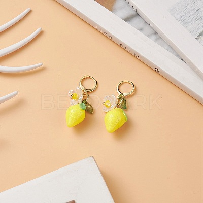 Lemon Resin with Leaf & Imitation Pearl Flower Dangle Leverback Earrings EJEW-TA00192-1