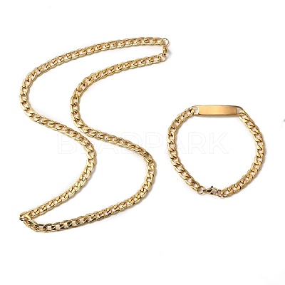 201 Stainless Steel Curb Chain Necklace & Rectangle Link Bracelet SJEW-F220-02B-1